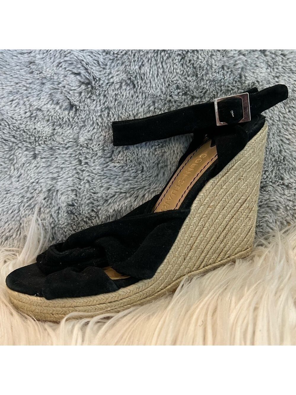 𝅺colin Stuart black suede lace up espadrille wedge size 7